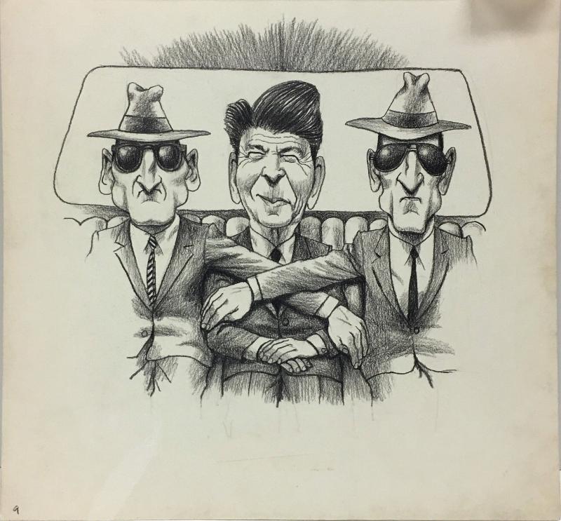 Kids' Letters to President Reagan - Illustration board, Reagan in a Car with Two Men